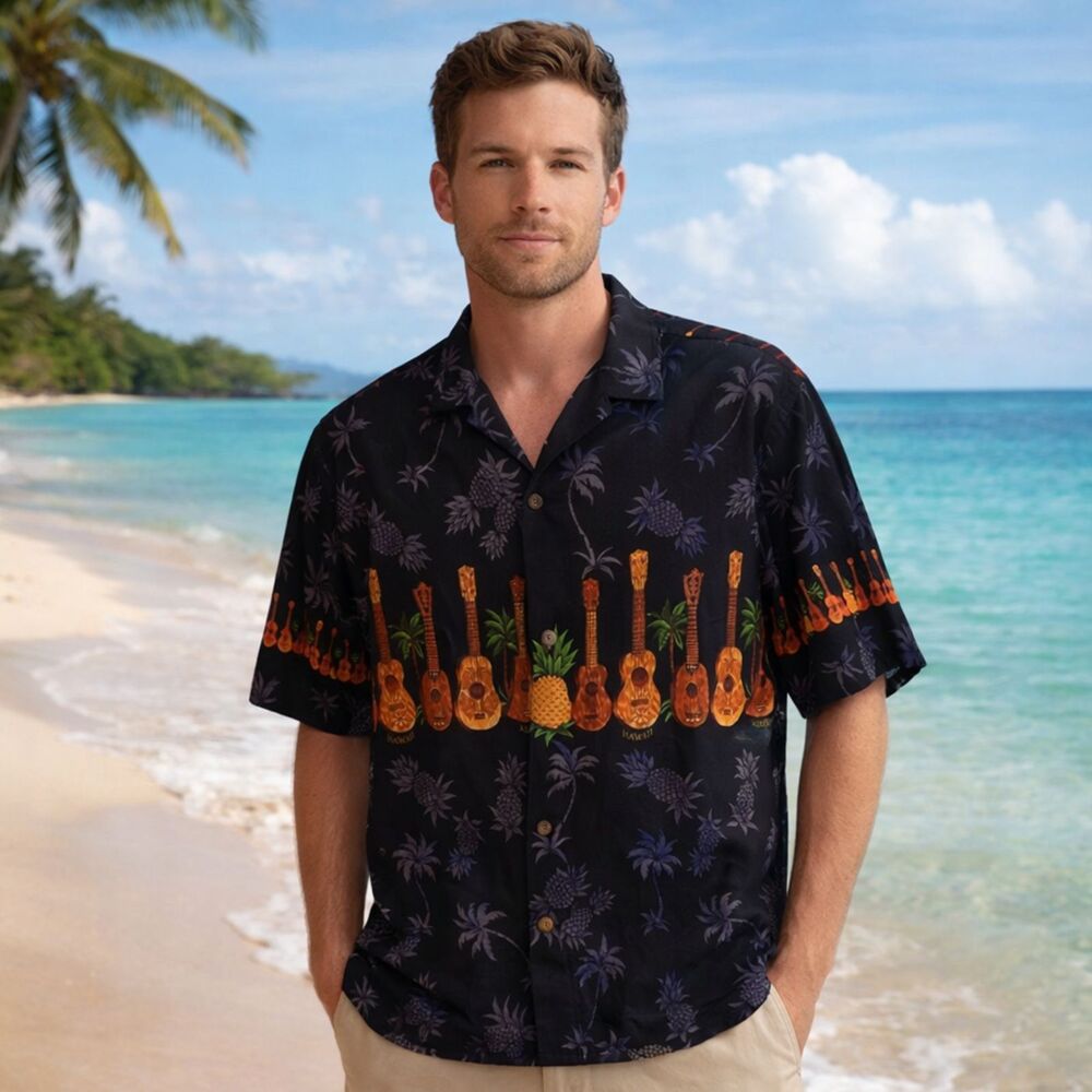 Royal Hawaiian Creations Shirt Mens Sz XL 90s Button Up Camp Ukelele Hawaii Made